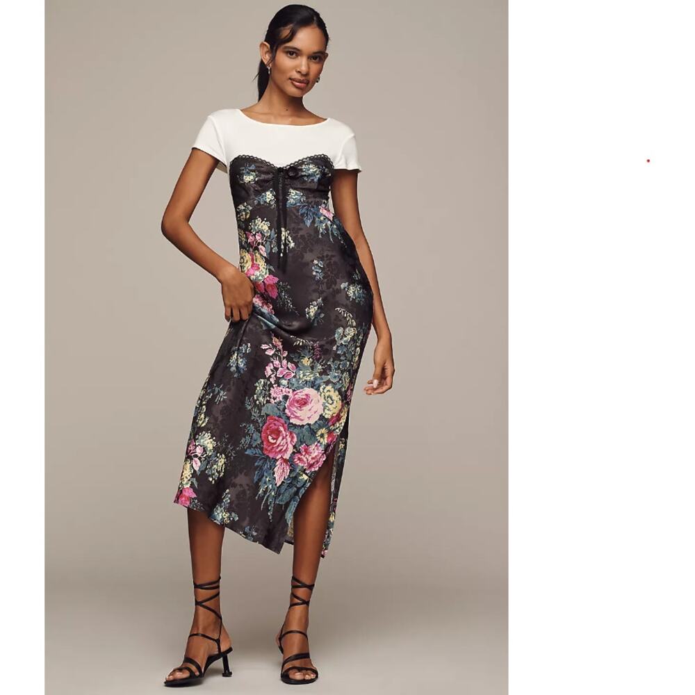 Anthropologie Twofer Midi Slip Dress Women S Black Floral Viscose Cocktail NWT